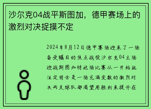 沙尔克04战平斯图加，德甲赛场上的激烈对决捉摸不定