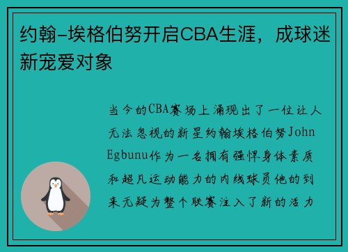 约翰-埃格伯努开启CBA生涯，成球迷新宠爱对象