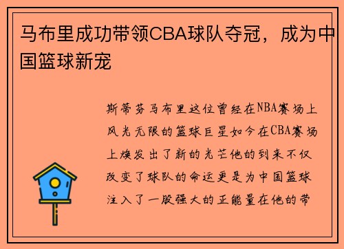 马布里成功带领CBA球队夺冠，成为中国篮球新宠