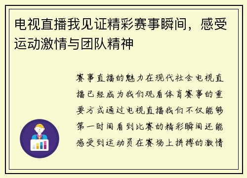 电视直播我见证精彩赛事瞬间，感受运动激情与团队精神