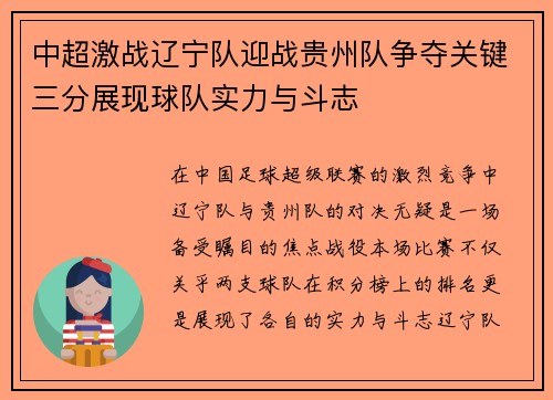 中超激战辽宁队迎战贵州队争夺关键三分展现球队实力与斗志