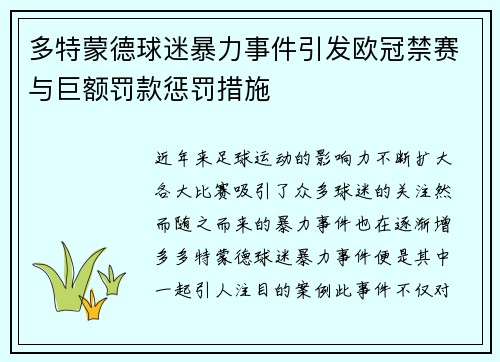 多特蒙德球迷暴力事件引发欧冠禁赛与巨额罚款惩罚措施